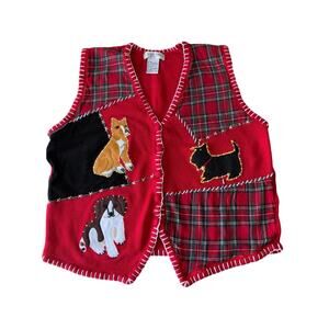 Vintage Knit Sweater Vest Patchwork Plaid Dog Holiday Red Victoria Jones 1X